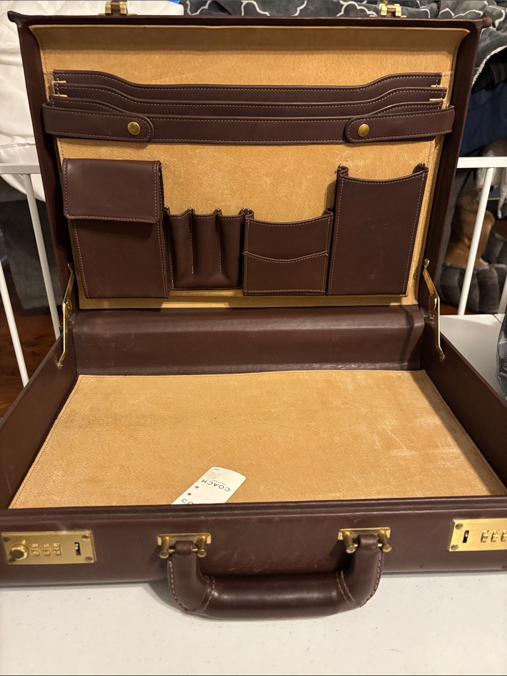 Coach Brown Leather Briefcase with Gold-Tone Hardware right side lock sticks som